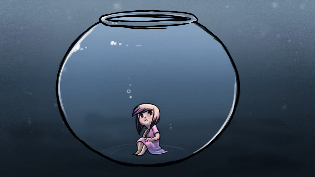 Menina presa num aquário