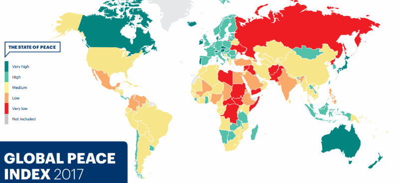 Mapa com o Índice Global da Paz